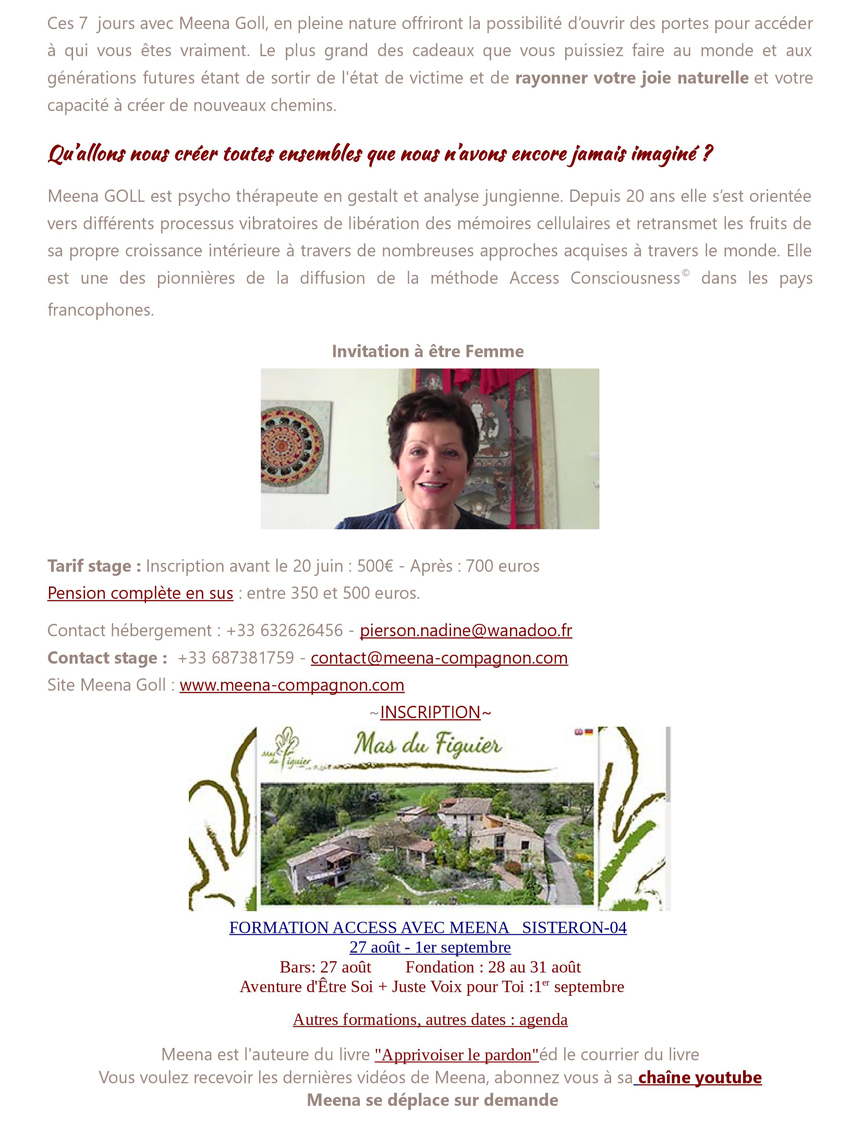 Femme Consciente-Femme Puissante stage avec Meena Goll du 9 au 16 juillet - Sisteron